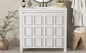 English Elm 36" Bathroom Vanity Organizer with Ceramic Sink, Solid Wood Distressed Finish, Hand-Painted Charm and Ample Storage Antique White N729P255666K
