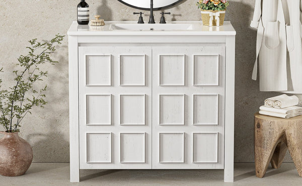 English Elm 36" Bathroom Vanity Organizer with Ceramic Sink, Solid Wood Distressed Finish, Hand-Painted Charm and Ample Storage Antique White N729P255666K