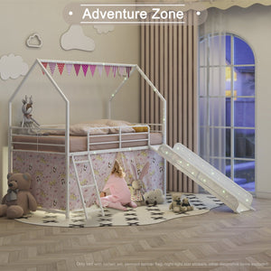 English Elm Jack Twin Loft Bed with Slide, Curtains, Guardrails & Pennant Banner — Safe, Quiet Assembly, Kids' Decor B083P361166