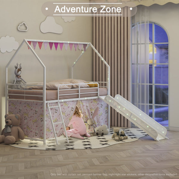 English Elm Jack Twin Loft Bed with Slide, Curtains, Guardrails & Pennant Banner — Safe, Quiet Assembly, Kids' Decor B083P361166