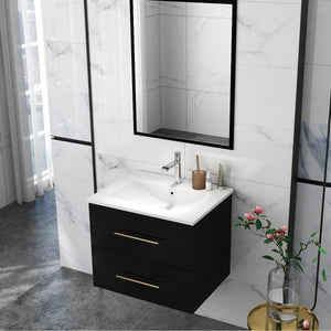 English Elm 24-Inch Modern Wall-Mounted Bathroom Vanity With Sink & Mirror, Elegant Gold Handles, 2 Drawers W3151S00037