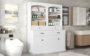 English Elm White Bathroom Storage Cabinet with Zinc Knob Doors, 4 Drawers, 6 Open Shelves & Adjustable Tiers for Organized Space (63"x10.8"x78.7") N725S252486K