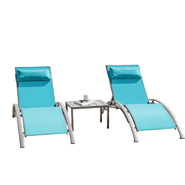 English Elm Pool Aluminum Chaise Lounge Set with Breathable Textilene, 5-Position Ergonomic Seats & Table Lake Blue W1859P321473