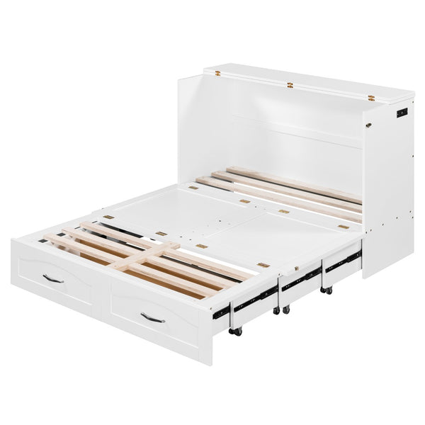 English Elm Full Size Murphy Wall Bed with Storage Drawers Usb Charging Ports and Pulley Mechanism White LP100670AAK