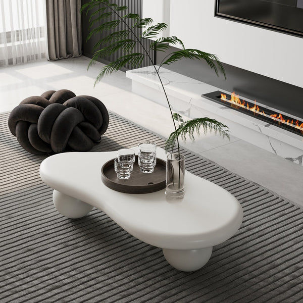 English Elm 47 Inch Cloud-Shaped Coffee Table With Elegant Cream Finish & 3 Ball Legs For Modern Living Spaces W1435S00014