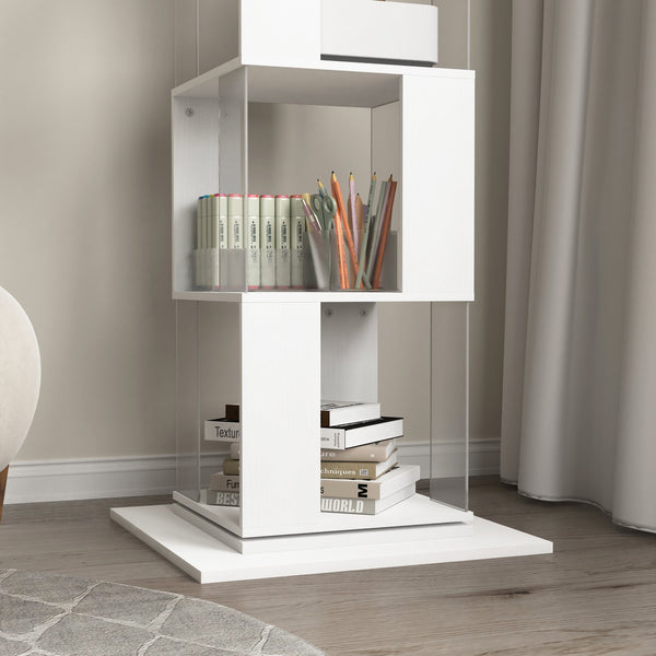 English Elm 5 tier rotating bookshelf with 360° swivel, large-capacity wood veneer rack with acrylic shelves and anti-tip base White W409P167480