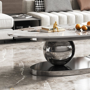 English Elm 49.2 Oval Faux Marble Coffee Table with Titanium-Coated Stainless Steel Base and Sintered Stone Top Gray,White+Multi W3136S00007