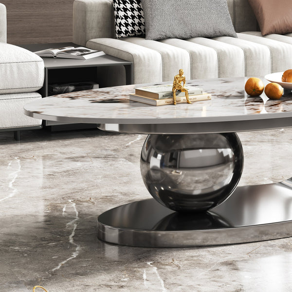 English Elm 49.2 Oval Faux Marble Coffee Table with Titanium-Coated Stainless Steel Base and Sintered Stone Top Gray,White+Multi W3136S00007