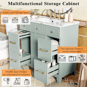 English Elm 36" 36-inch Transitional Bathroom Vanity with Ceramic Basin, Solid Wood Frame, Soft-Close Storage Elegance Green N729P255663G