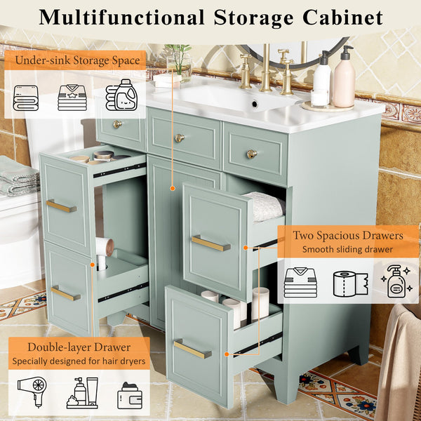 English Elm 36" 36-inch Transitional Bathroom Vanity with Ceramic Basin, Solid Wood Frame, Soft-Close Storage Elegance Green N729P255663G