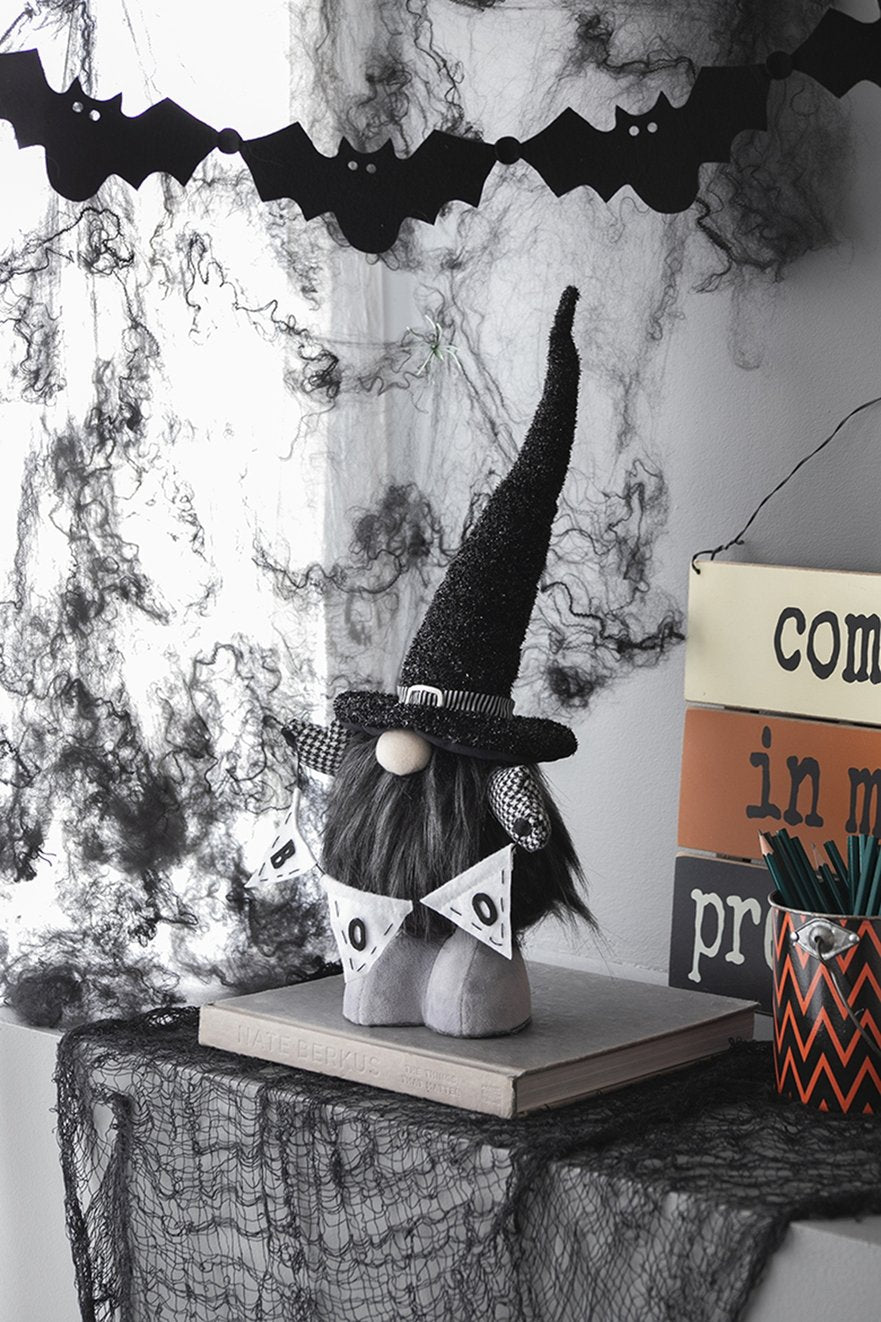 English Elm 6x4x20" Fabric Black Gnome with Faux Fur Beard and BOO Banner, Whimsical Halloween Shelf Centerpiece W2078P237618
