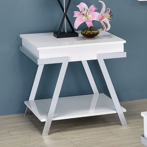 English Elm Contemporary Gloss White End Table with Open Shelf and Polished Chrome Legs for Living Rooms B011P207455