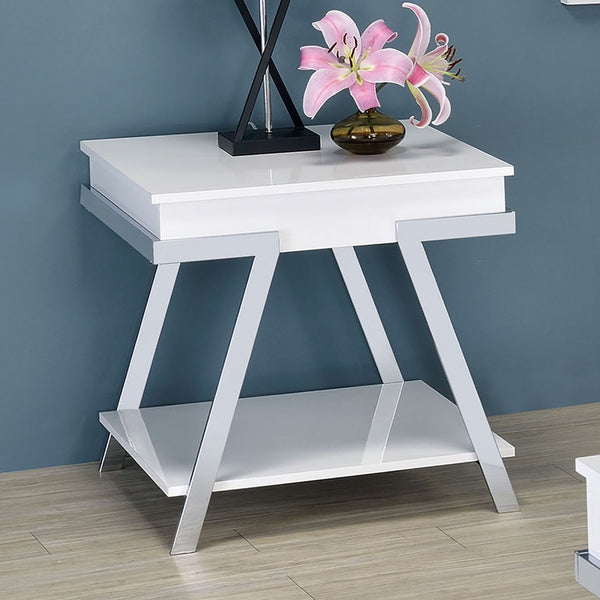 English Elm Contemporary Gloss White End Table with Open Shelf and Polished Chrome Legs for Living Rooms B011P207455