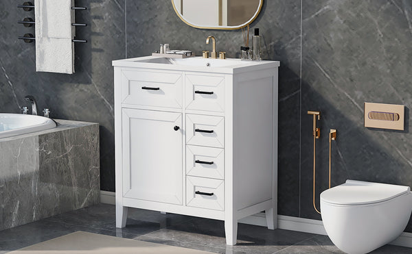 English Elm 30" Modern Bathroom Vanity with Sink Combo — Solid Rubberwood & MDF, 3 Drawers, Freestanding Contemporary Design White N725P246482K