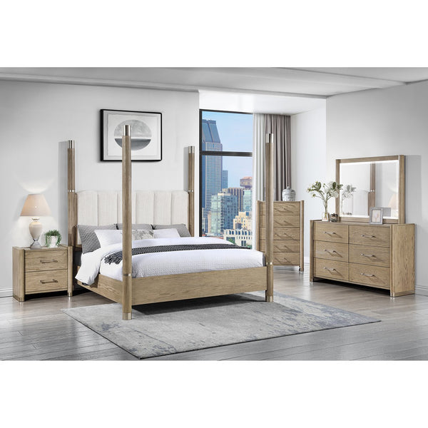 English Elm Sarai Plush Four-Post Brown Bedroom Set with Upholstered Headboard, Metal Accents & Spacious Drawers King B201S00413