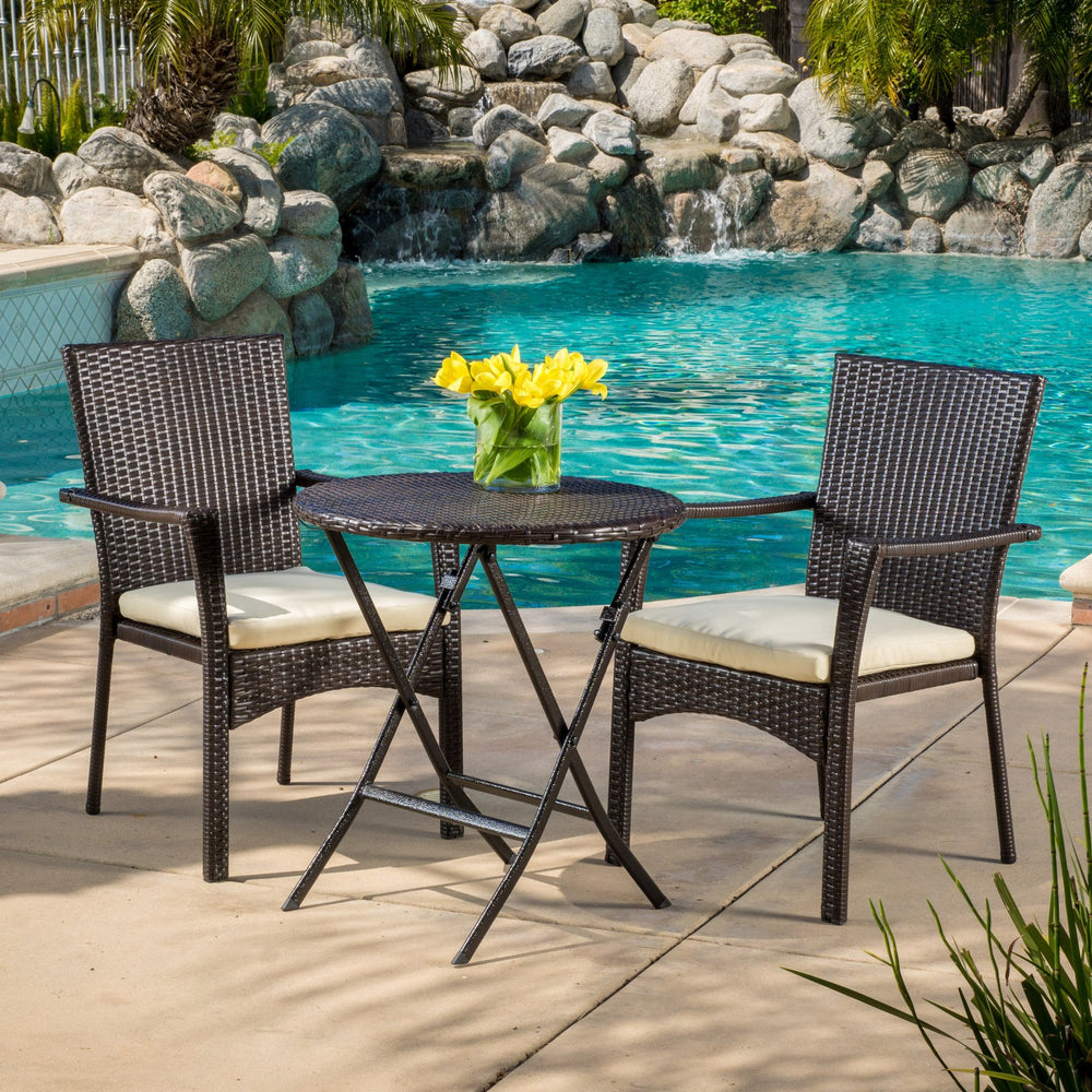 English Elm Christopher Knight Home® - Outdoor Polyethylene Rattan 3-Piece Bistro Set with Foldable Table, Water-Resistant Cushions, Brown Multi 57593.00