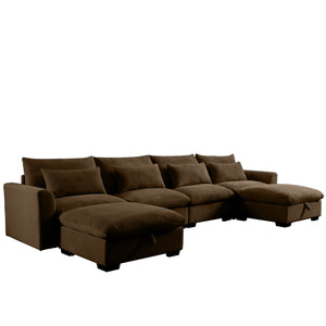 English Elm Big Deep Seat U-Shaped Corduroy Sectional Sofa with Storage Ottomans & Lumbar Pillows, Cozy Modular Design Brown W714S00664