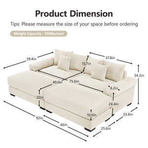 English Elm 82.6" Oversized Cloud Modular Sectional Couch - Soft Cream Corduroy, Ergonomic Design, Movable Ottoman W714S01286