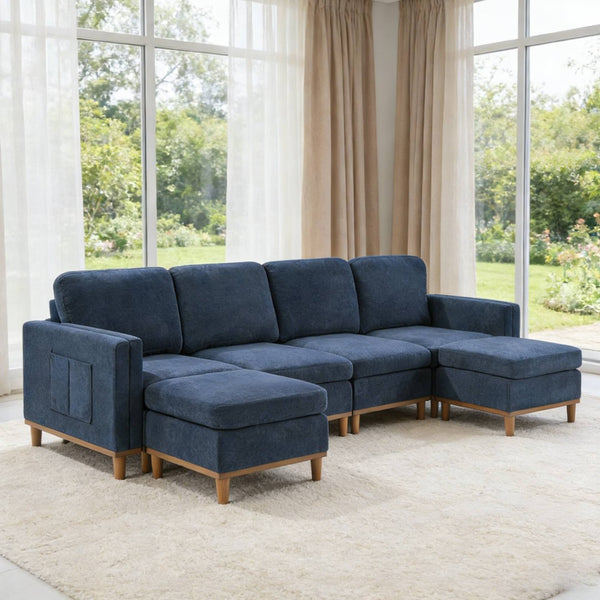 English Elm Modern Modular Sectional Sofa with Plush Cushions and Tapered Legs for Living Rooms Blue W2085S00101