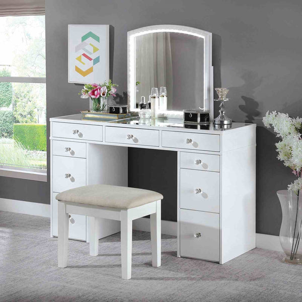 English Elm Contemporary Glam Vanity with Rhinestone Trim and Tempered Glass Top, High Gloss Finish, Illuminated Appeal White 27 L x 23 W x 32 H B2741S00683
