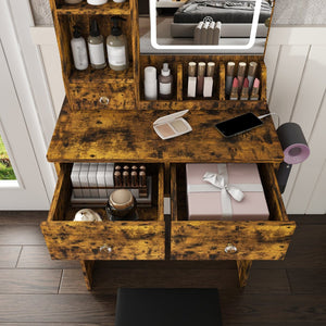 English Elm Modern Vanity Desk with Led Mirror 3 Drawers Built-in Outlet and Matching Chair Antique Brown W509P465834