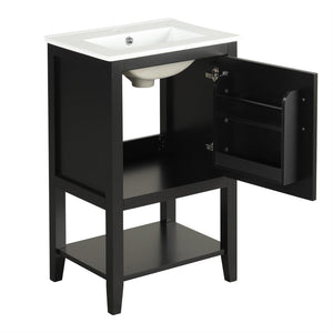 English Elm 20" Matte Freestanding Bathroom Vanity Rubberwood Cabinet Ceramic Sink Open Shelf Black N725P391115B