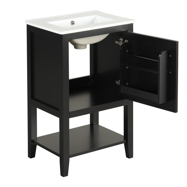 English Elm 20" Matte Freestanding Bathroom Vanity Rubberwood Cabinet Ceramic Sink Open Shelf Black N725P391115B