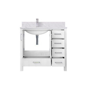 English Elm White 36 in Bath Vanity with Left Carrara Marble Top, Soft-Close Drawers, Chrome Faucet Set B2731P259017