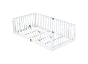 English Elm Twin House Frame Floor Bed Rubberwood with Roof Canopy and Safety Rails for Kids White W504P429538