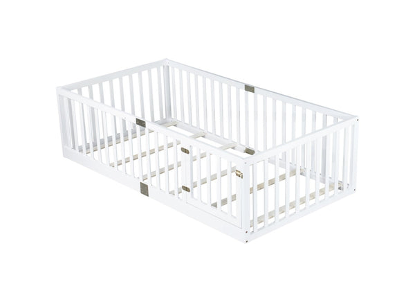 English Elm Twin House Frame Floor Bed Rubberwood with Roof Canopy and Safety Rails for Kids White W504P429538