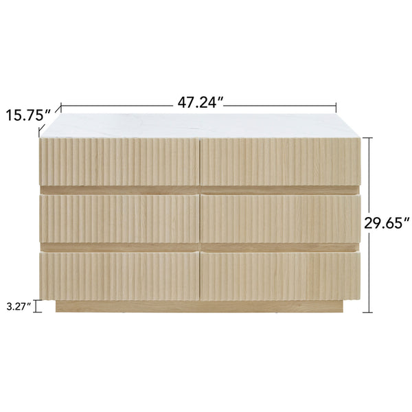 English Elm Fluted 6 Drawers Dresser with LED Lighting, Anti-Tip Safety, Smooth Slides & USB-Controlled Glow W688P194155