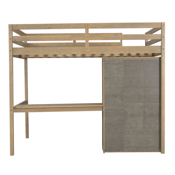 English Elm Wood Full Size Loft Bed with Built-In Desk, Wardrobe, Shelves & Drawers for Space-Saving Rooms Walnut GX000466AAD