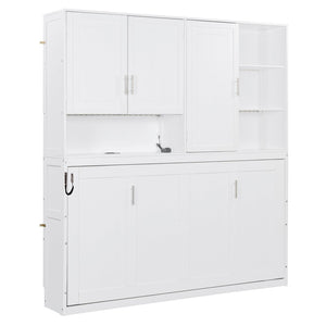 English Elm Twin Murphy Bed with Cabinet Shelves Built in Lighting Usb Ports Space Saving Wall Unit White LP000389AAK-1