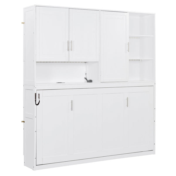 English Elm Twin Murphy Bed with Cabinet Shelves Built in Lighting Usb Ports Space Saving Wall Unit White LP000389AAK-1