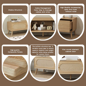 English Elm Boho Rattan-Style TV Stand for TVs up to 80" — Modern Farmhouse Media Console with Storage Drawer and Cable Management N710P222775P