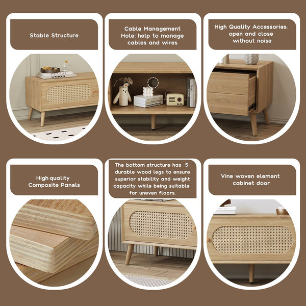 English Elm Boho Rattan-Style TV Stand for TVs up to 80" — Modern Farmhouse Media Console with Storage Drawer and Cable Management N710P222775P