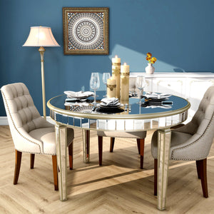 English Elm 47.24" Round Glass Dining Table with Mirror Top Silver Vintage Gold Geometric Frame Elegant Centerpiece W3207P285434