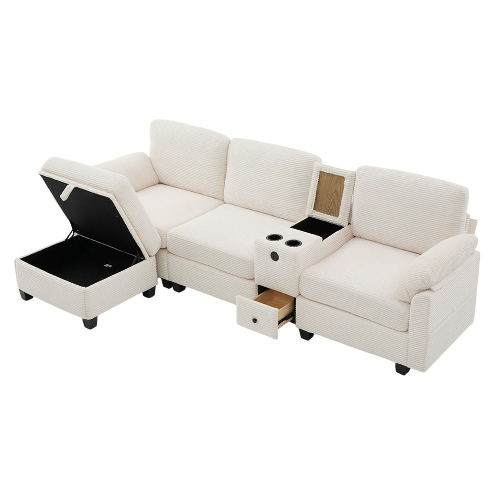 English Elm United L-Type Multifunctional Corduroy Sofa: 4-Seater With Usb, Cup Holders & Hidden Storage Solutions W1568S00227-GIGA