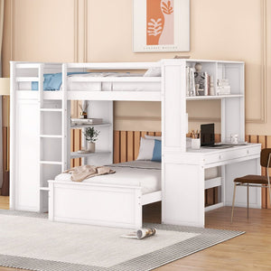 English Elm Full Twin Loft Bed with Desk Wardrobe Shelves Pine Wood Frame Kids Bedroom White LT000821AAK-1