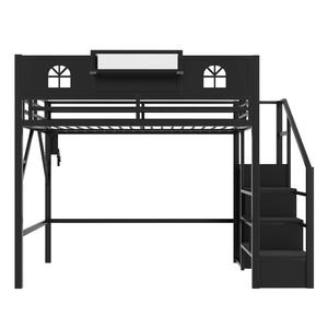 English Elm Full Size Steel Loft Bed with Staircase Storage Wardrobe Desk and Led Lighting Black W2593S00055