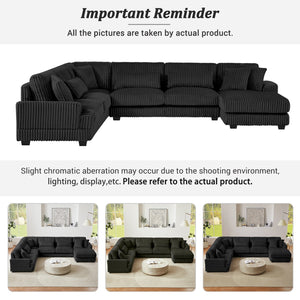 English Elm 129" Oversized Sectional Sofa U-Shaped Corduroy Chaise Lounge with Curved Armrests Plush Foam Comfort Black N719S001690B