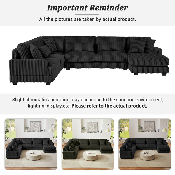 English Elm 129" Oversized Sectional Sofa U-Shaped Corduroy Chaise Lounge with Curved Armrests Plush Foam Comfort Black N719S001690B