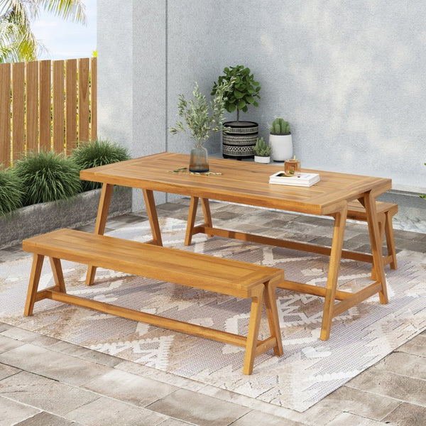 English Elm Outdoor Acacia Wood Picnic Dining Set with Two Benches for Patio Deck or Backyard N770P358872T