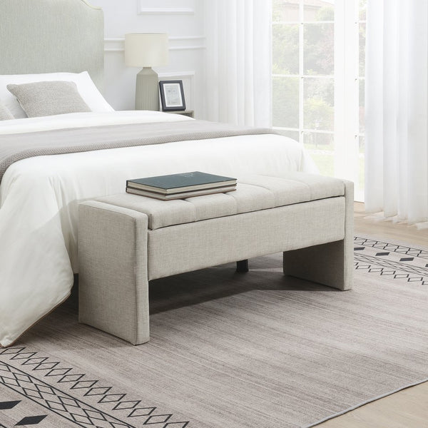 English Elm Modern Upholstered Bed End Bench with Hidden Storage, Linen Seat, Foam Comfort, Multiuse Accent Piece LIGHT GREY W2671P222550