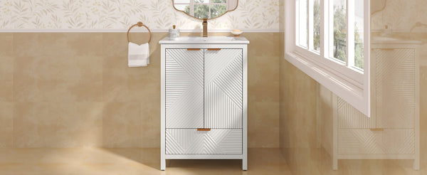 English Elm Christopher Knight Home® - 24 24-Inch Bathroom Vanity with Ceramic Sink, Textured Panels, Soft-Close Drawer & Large Storage White N817P339017K