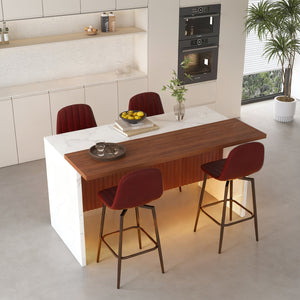 English Elm 63-Inch Modern Kitchen Island Set With 4 Dark Brown Bar Stools - Elegant Marble Surface & Led Glow W2699S00069