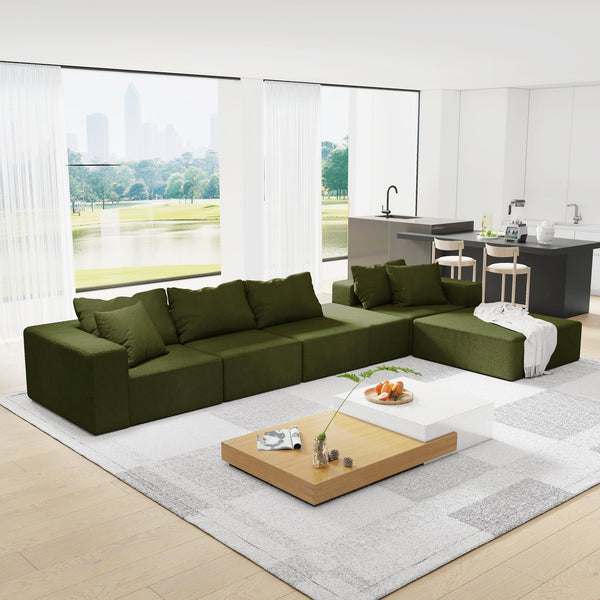 English Elm Modern Upholstered Sectional Sofa Set, Modular 132" L-Shaped Chenille Couch, No Assembly, Plush Comfort and Versatile Configuration Green W834S00373