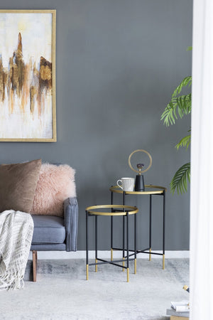 English Elm Set Hannes Nesting Side Tables with Glass Tops Elegant Deco-Modern Metal Frame for Living Rooms Black,Gold W2078P394070