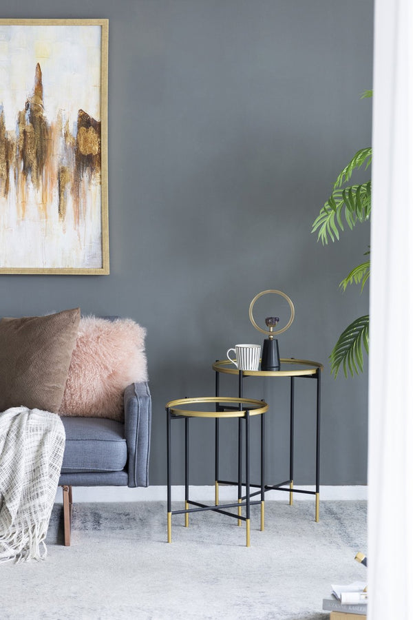 English Elm Set Hannes Nesting Side Tables with Glass Tops Elegant Deco-Modern Metal Frame for Living Rooms Black,Gold W2078P394070