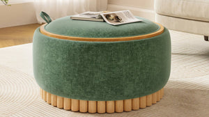 English Elm 29" Round Boucle Storage Ottoman Sculptural Wood Base Reversible Lid Living Room Green N723P405304G
